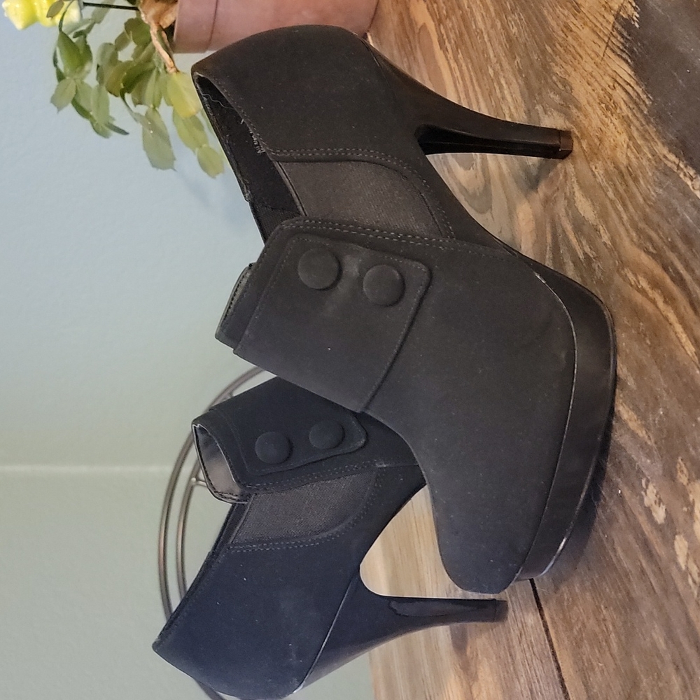 Black Miki Fioni Faux Suede Pumps with Patten Leather Platform and Heel